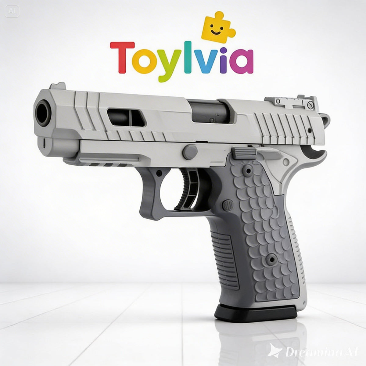 Side profile of a silver and grey Toylvia Combat Master toy gun featuring a textured scale-pattern grip and realistic slide detail.