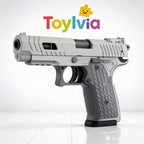 Side profile of a silver and grey Toylvia Combat Master toy gun featuring a textured scale-pattern grip and realistic slide detail.