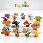 The complete set of Toylvia mini finger dinosaur figures, highlighting the vibrant colors and unique cartoon designs.
