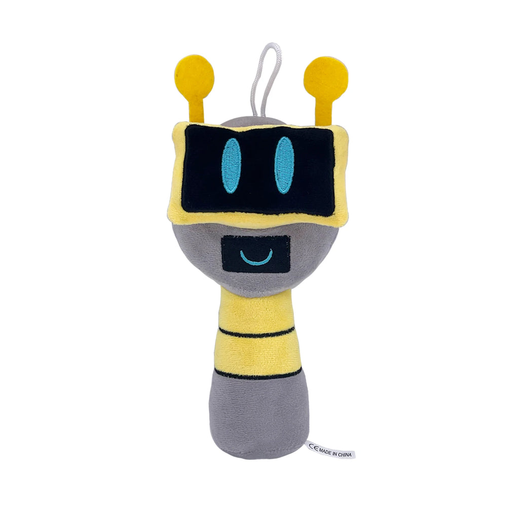 Cute robot cartoon plush toy with yellow head, antennae, and gray body on a white background by Toylvia