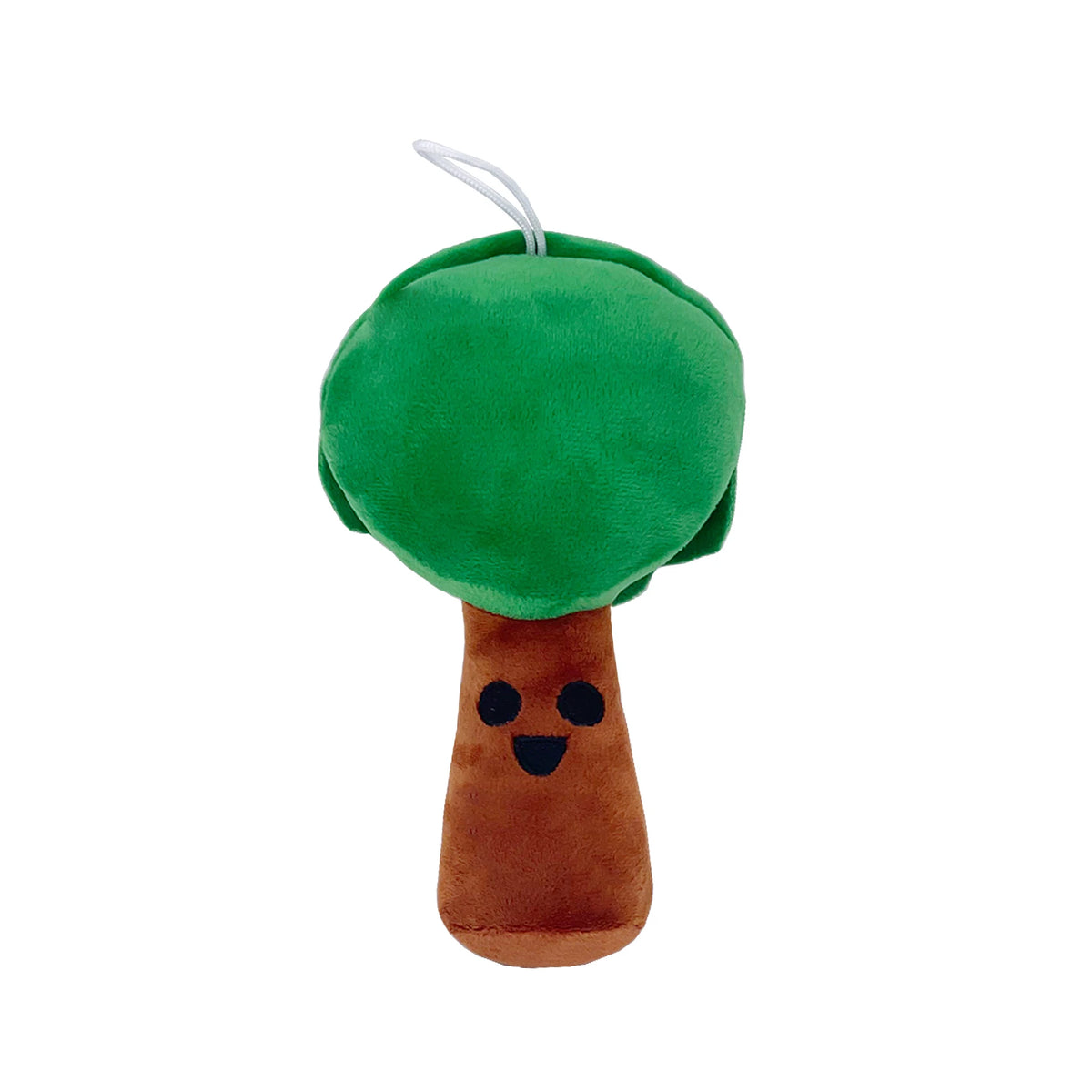 Cute tree-shaped cartoon plush toy with green top and smiling brown trunk on a white background by Toylvia