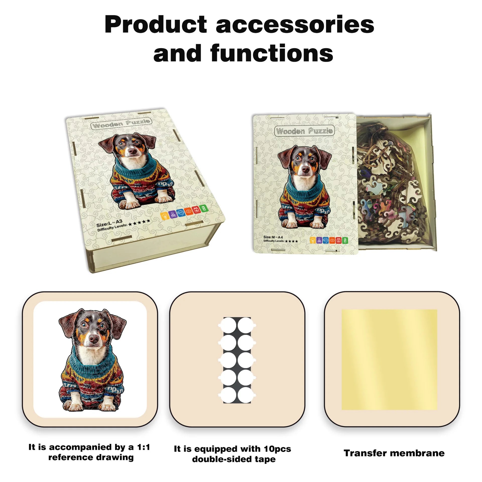 Toylvia wooden dachshund puzzle accessories including gift box, reference drawing, double-sided tape, and transfer membrane.