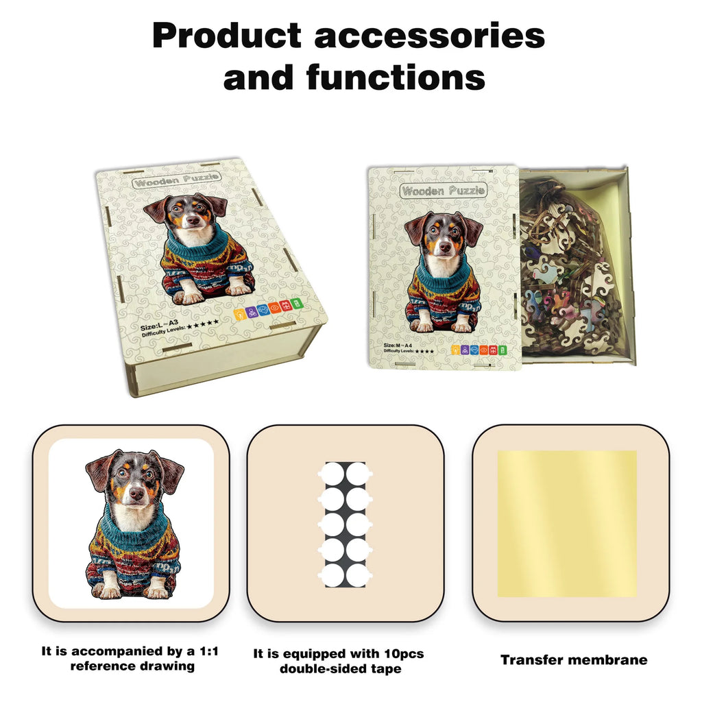 Toylvia wooden dachshund puzzle accessories including gift box, reference drawing, double-sided tape, and transfer membrane.