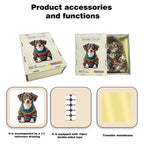 Toylvia wooden dachshund puzzle accessories including gift box, reference drawing, double-sided tape, and transfer membrane.