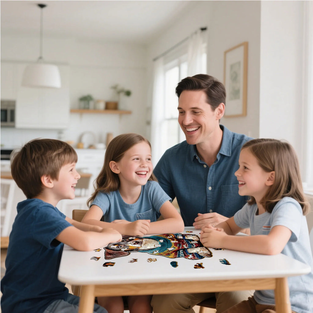 Family enjoying the Toylvia wooden dachshund puzzle together at a table.
