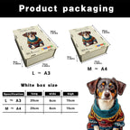 Toylvia wooden dachshund puzzle packaging showing A3 and A4 box sizes with dimensions