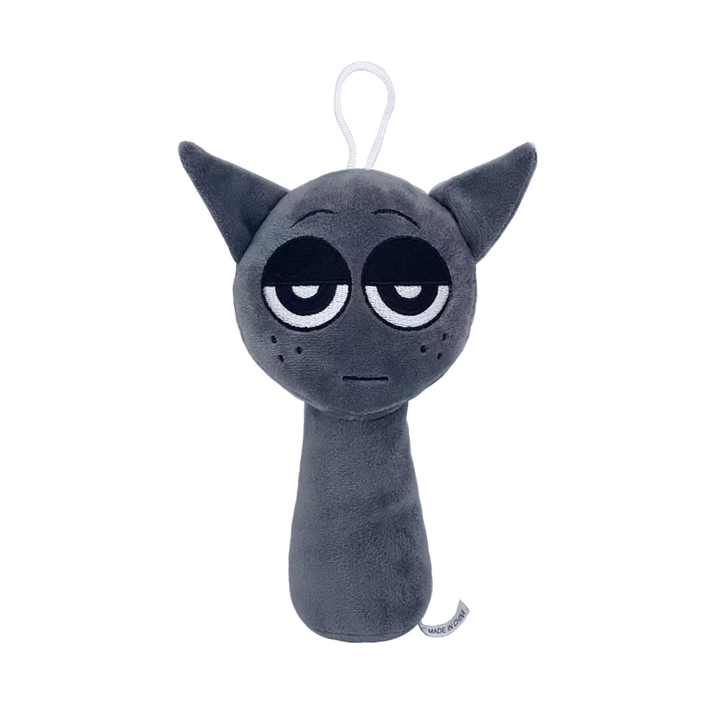 Dark gray cartoon cat character plush toy with sleepy eyes and pointed ears on a white background by Toylvia