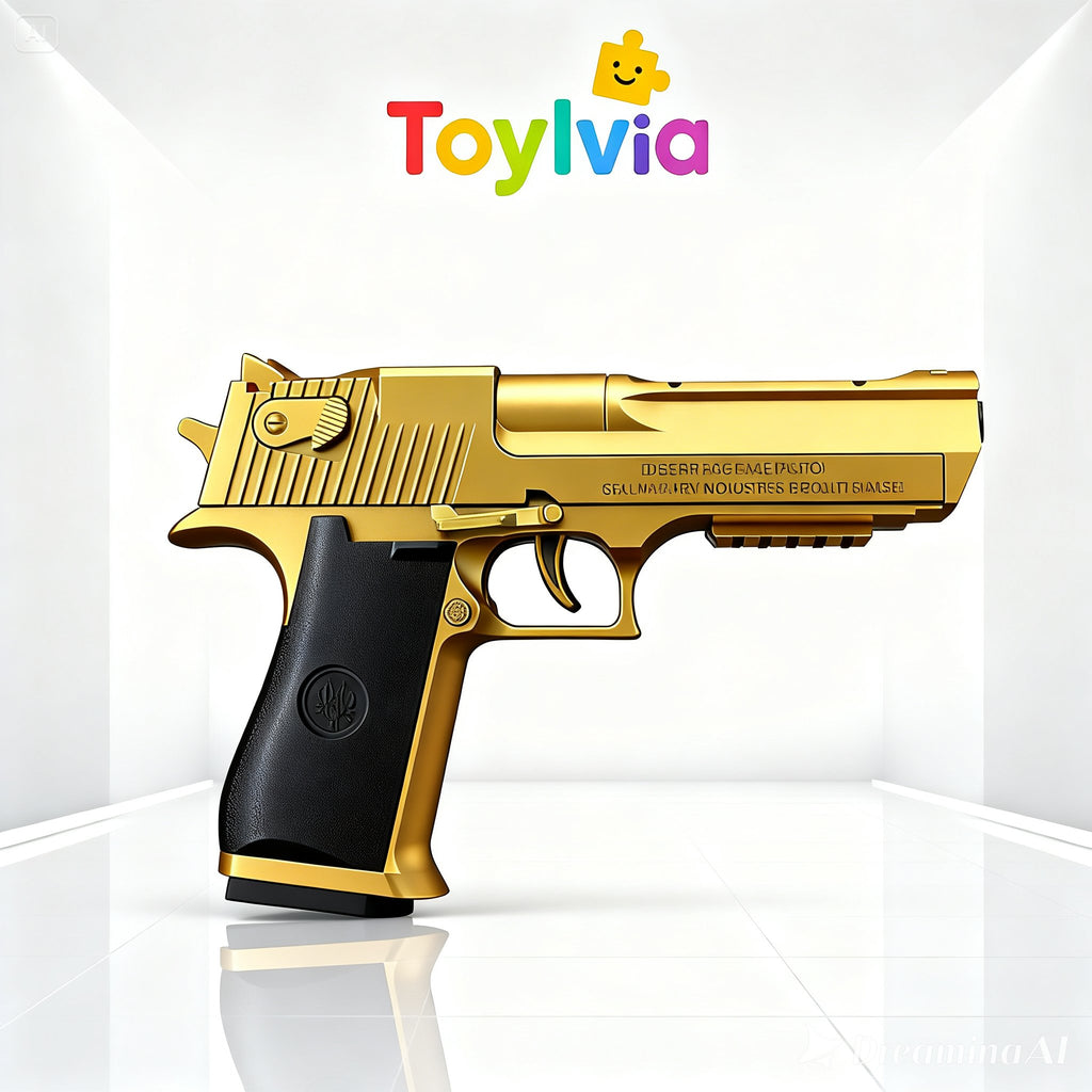 The reverse side profile of the Toylvia gold Desert Eagle toy gun, showing the black grip and hammer details.