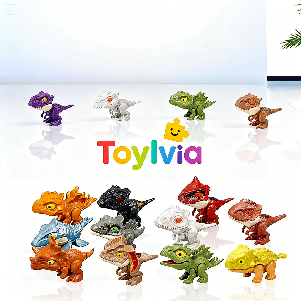 An assortment of colorful Toylvia finger dinosaur toys displayed on a reflective white surface with brand logo.