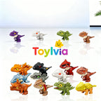 An assortment of colorful Toylvia finger dinosaur toys displayed on a reflective white surface with brand logo.