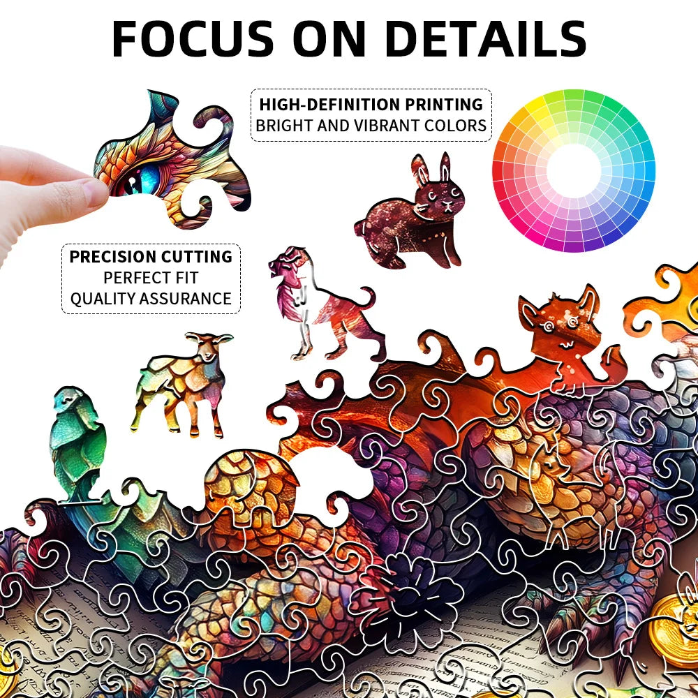 Close-up details of 3D dragon wooden jigsaw puzzle showing high-definition printing and precision-cut pieces