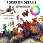 Close-up details of 3D dragon wooden jigsaw puzzle showing high-definition printing and precision-cut pieces