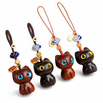 Ebony-Carved Cat Car Keychain Pendant - Cute Hardwood Miniature Animal Toy