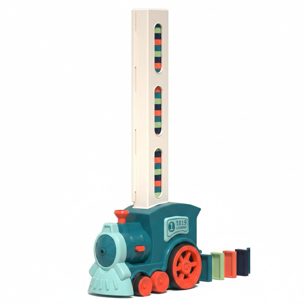 Toylvia electric automatic domino laying train toy with a vertical loading cartridge and colorful blocks on a professional white background.