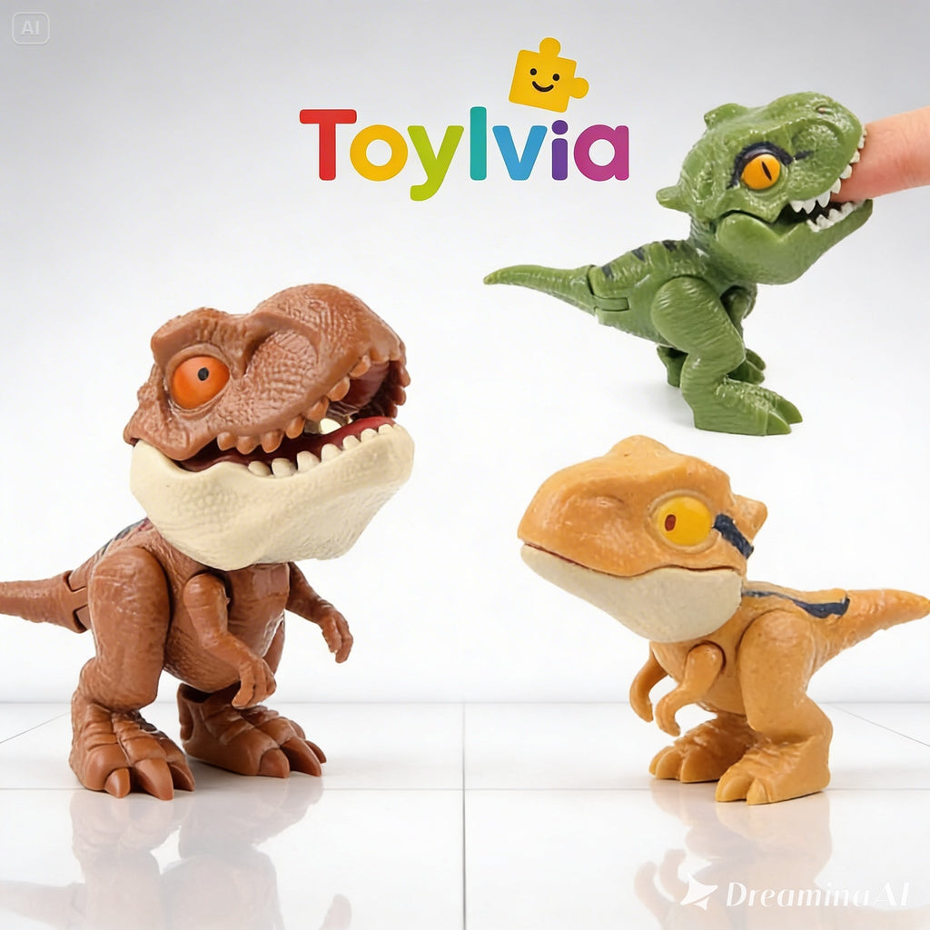 Close-up of a green Toylvia dinosaur toy 'biting' a finger to demonstrate the interactive bite-action and movable jaw.