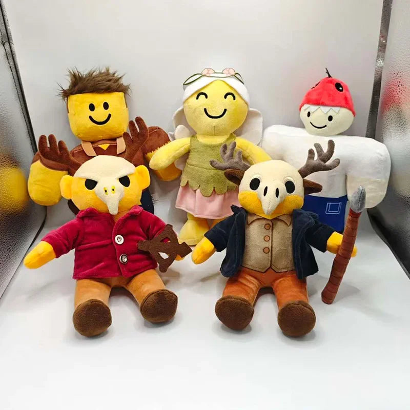 Toylvia plush character set – group photo of forest deer plush toys, hunter deer, red coat deer, angel plush, strongman plush, and snowman plush on white background