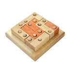 Geometric shape wooden logic puzzle assembled on a wooden base, IQ brain teaser toy for kids and teens