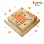 Wooden block puzzle toy with a smiling face on a white background, branded as Toyliu Toys.