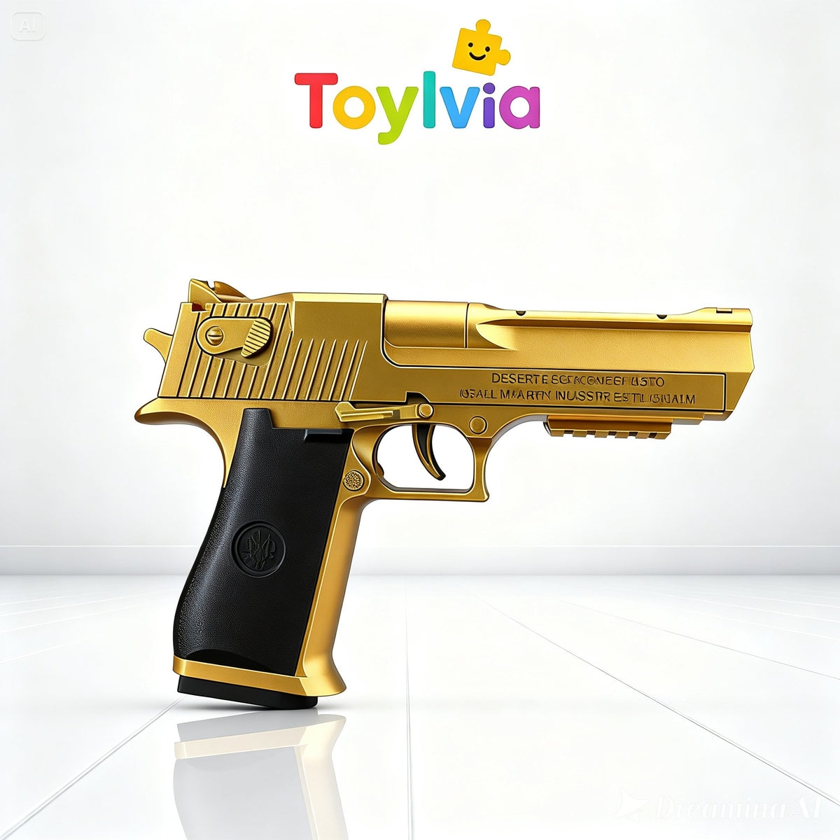 Full profile shot of a gold Toylvia Desert Eagle toy replica featuring textured black handle detail.