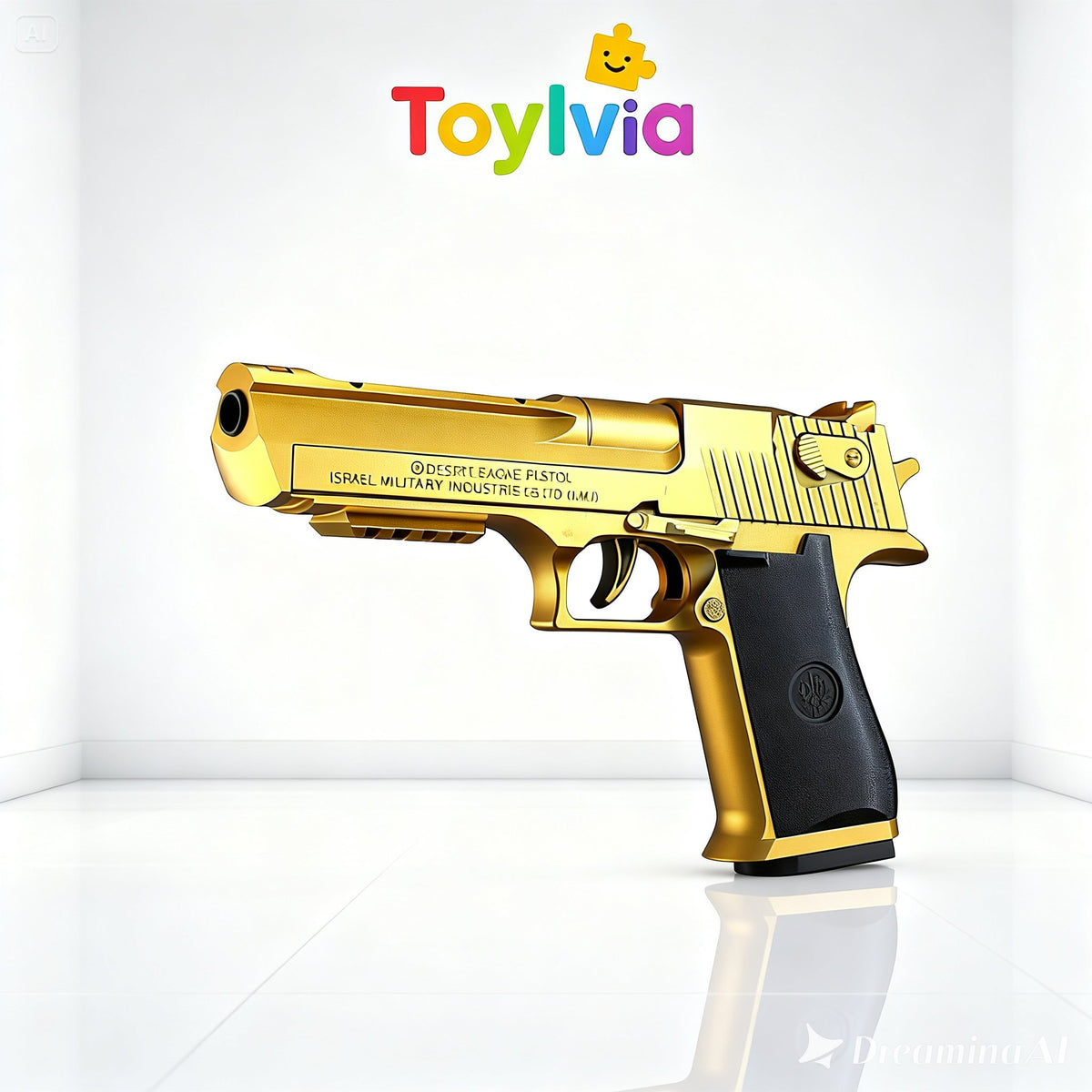Close-up side view of the Toylvia gold handgun toy with black grip and metallic finish.