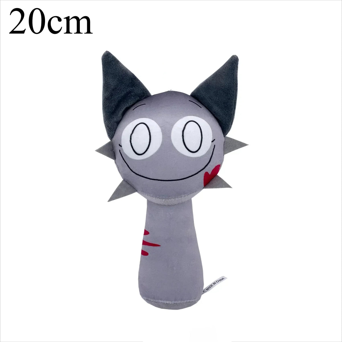 Gray cartoon character plush toy with cat-like ears and red accents, 20cm size, on a white background by Toylvia