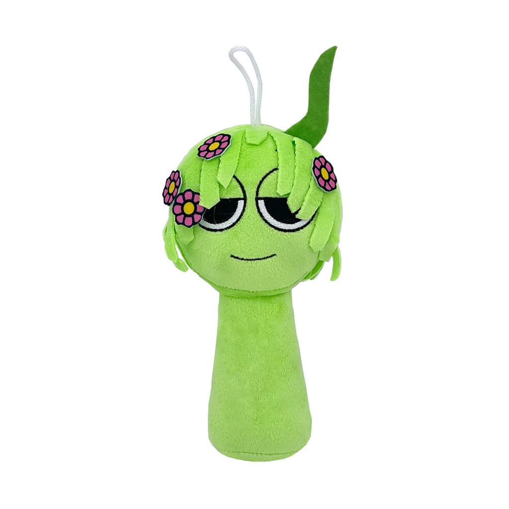 Green cartoon character plush toy with flower hair clips and leafy detail on a white background by Toylvia