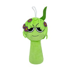 Green cartoon character plush toy with flower hair clips and leafy detail on a white background by Toylvia
