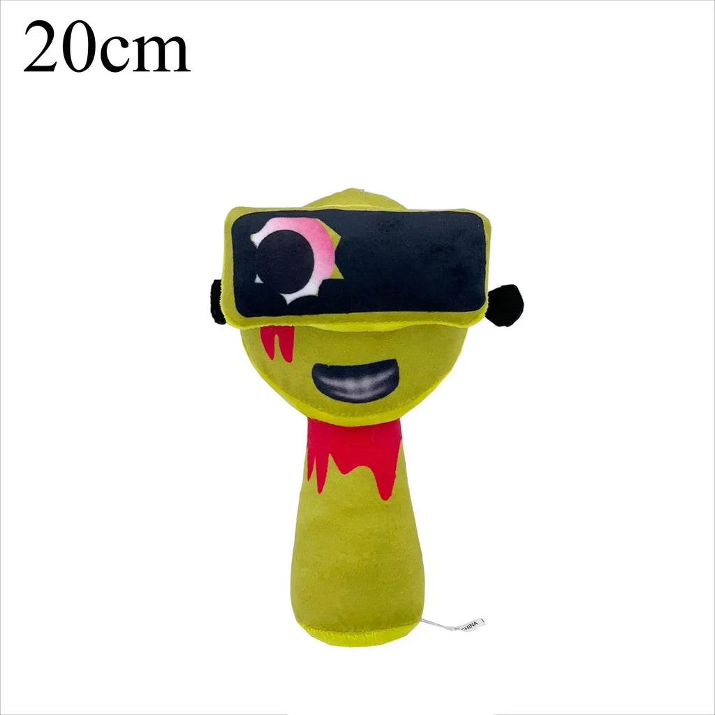 Green cartoon character plush toy wearing VR-style goggles with smiling face, 20cm size, on a white background by Toylvia