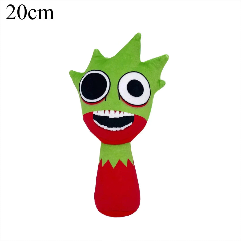 Green and red cartoon character plush toy with big eyes and smiling mouth, 20cm size, on a white background by Toylvia