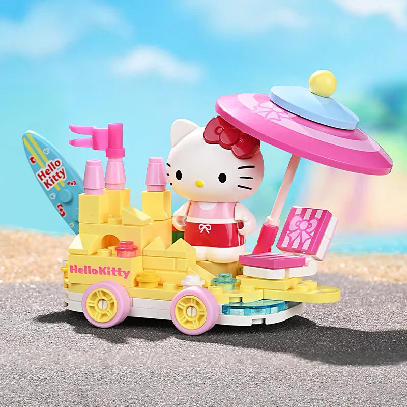 Hello Kitty float parade building block set with sandcastle, umbrella, and beach accessories