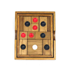 Front view of Toylvia Huarong Road wooden logic sliding puzzle with red and black pieces