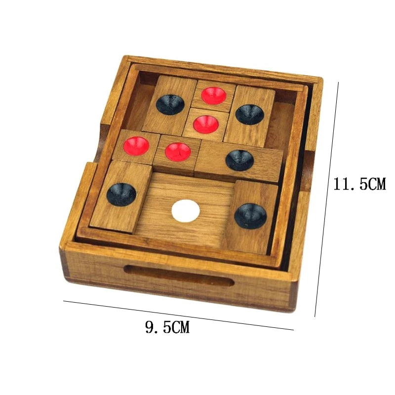 Toylvia Huarong Road wooden sliding logic puzzle showing size dimensions 9.5 cm by 11.5 cm