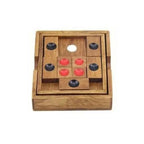 Straight view of Toylvia Huarong Road wooden sliding logic puzzle with red and black markers