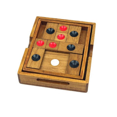 Top view of Toylvia Huarong Road wooden sliding logic puzzle with red and black pieces
