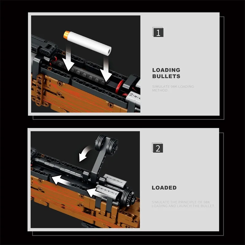 Toylvia Kar98K building block rifle showing step-by-step loading and bolt-action mechanism with soft bullets