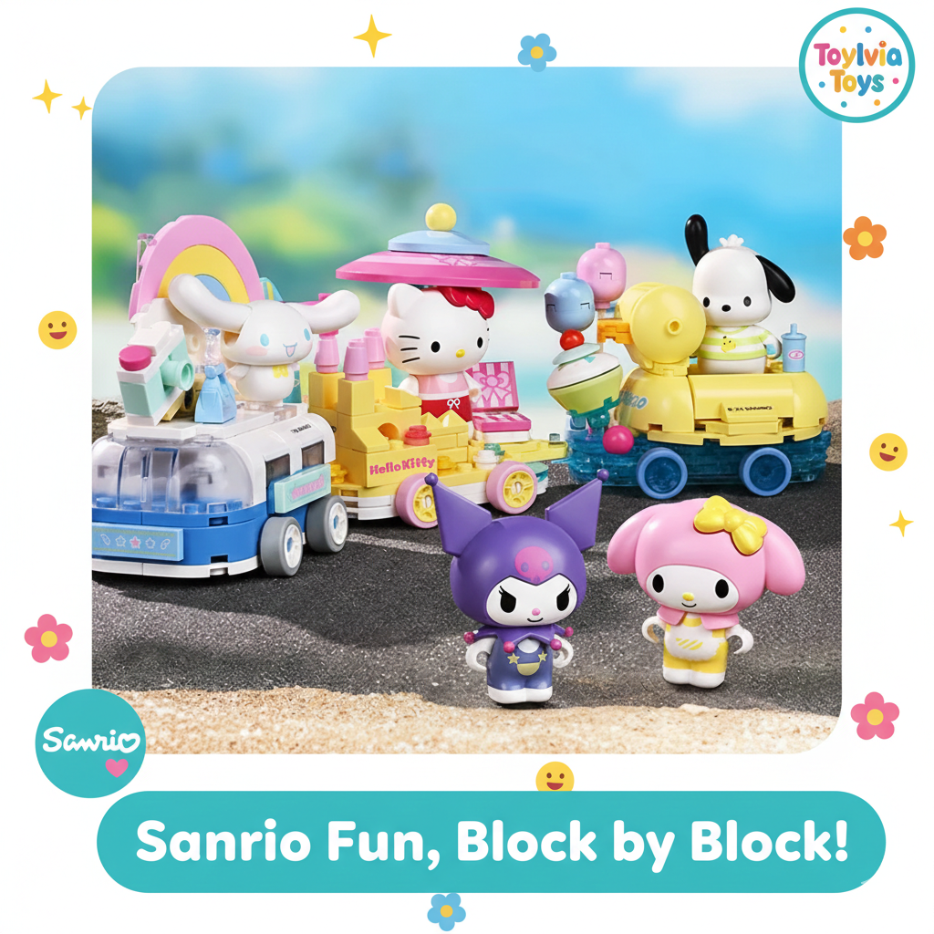 Toy figures of Sanrio characters with colorful vehicles on a road, featuring Toyivia Toys branding. Main image
