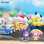 Sanrio float parade building blocks featuring multiple character vehicles on a beach scene