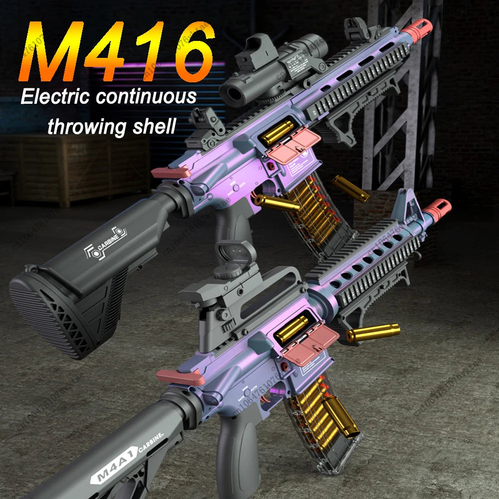 M416 electric soft bullet rifle toy with shell-ejecting action on a dark background