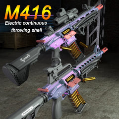 M416 electric soft bullet rifle toy with shell-ejecting action on a dark background