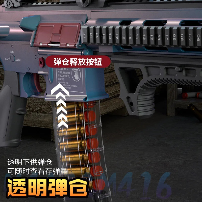 Close-up of the M416 soft bullet toy rifle with a transparent magazine showing loaded shells