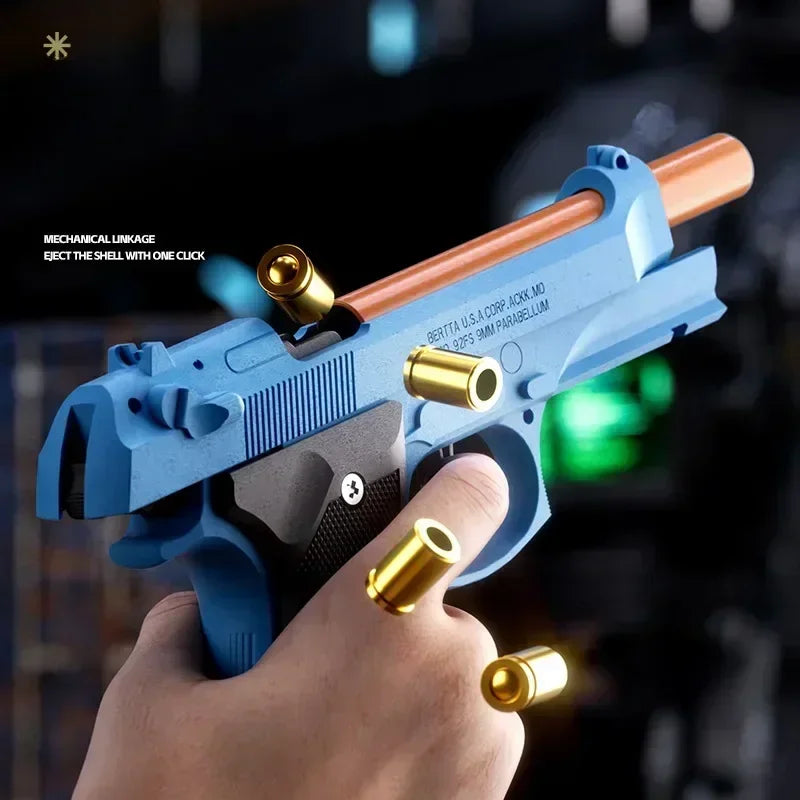 M92 soft bullet toy gun showing blowback shell ejection action