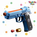 Toy gun with blue and black design, orange accents, and small accessories on a white background with decorative elements.
