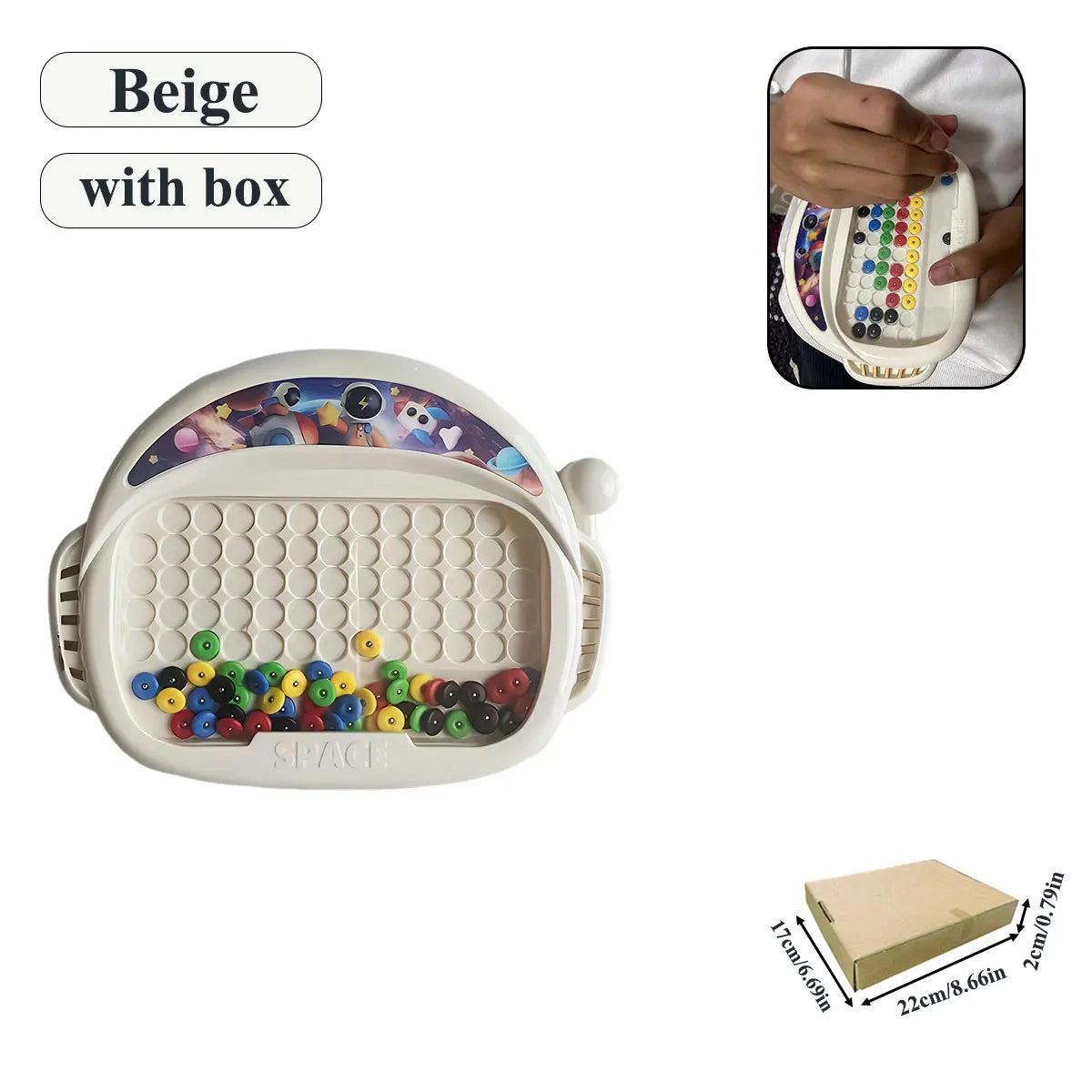 Toylvia beige magnetic doodle board for kids with colorful beads and magnetic pen shown with box packaging