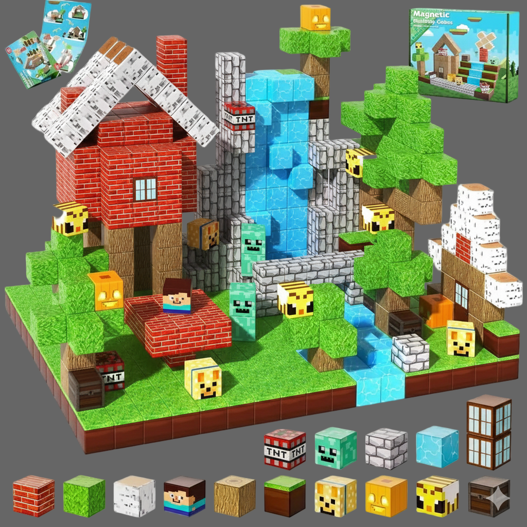 Toylvia Magnetic Mine World Building Blocks set displayed with house, trees, waterfall and character cubes.