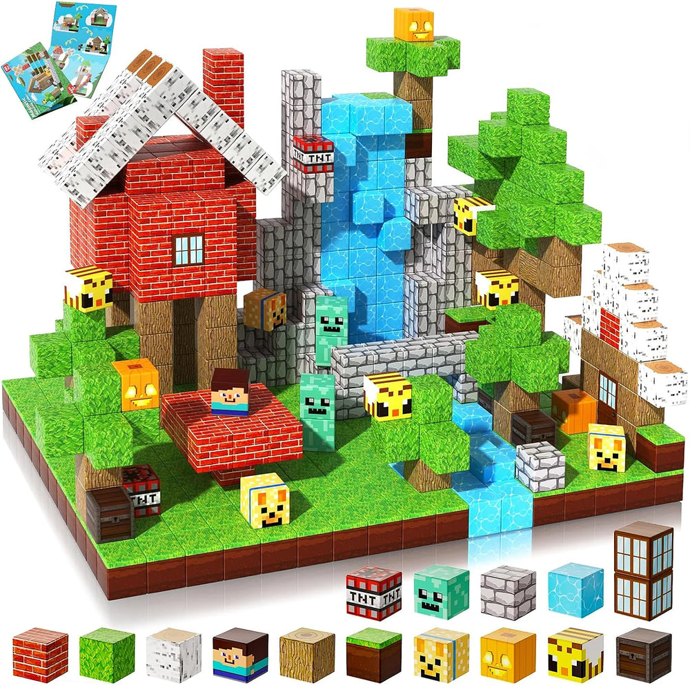 Toylvia Magnetic Mine World Building Blocks Set with forest house, waterfall and character cubes on white background.