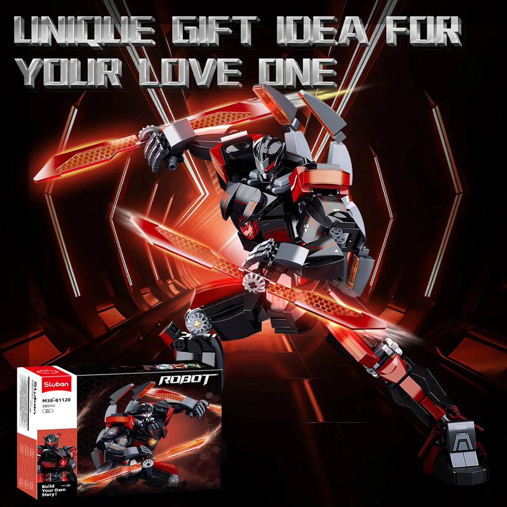 mecha robot building blocks model with glowing red accents shown as gift idea with packaging on dark background
