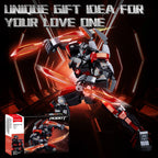 mecha robot building blocks model with glowing red accents shown as gift idea with packaging on dark background