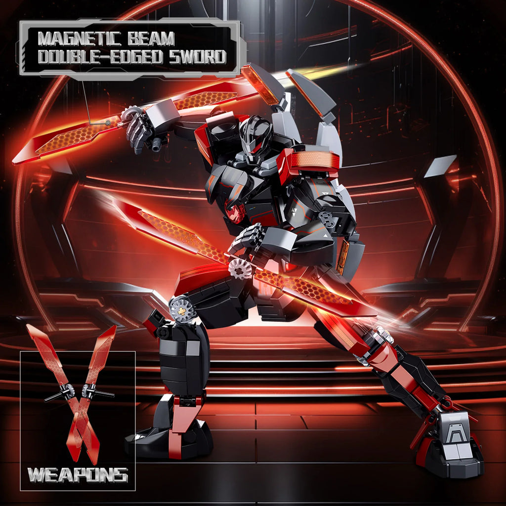 articulated mecha robot building blocks model holding double edged energy sword on dark sci fi background