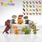 A group of colorful Toylvia dinosaur figures in the foreground with a grid display of 20 unique styles in the background.