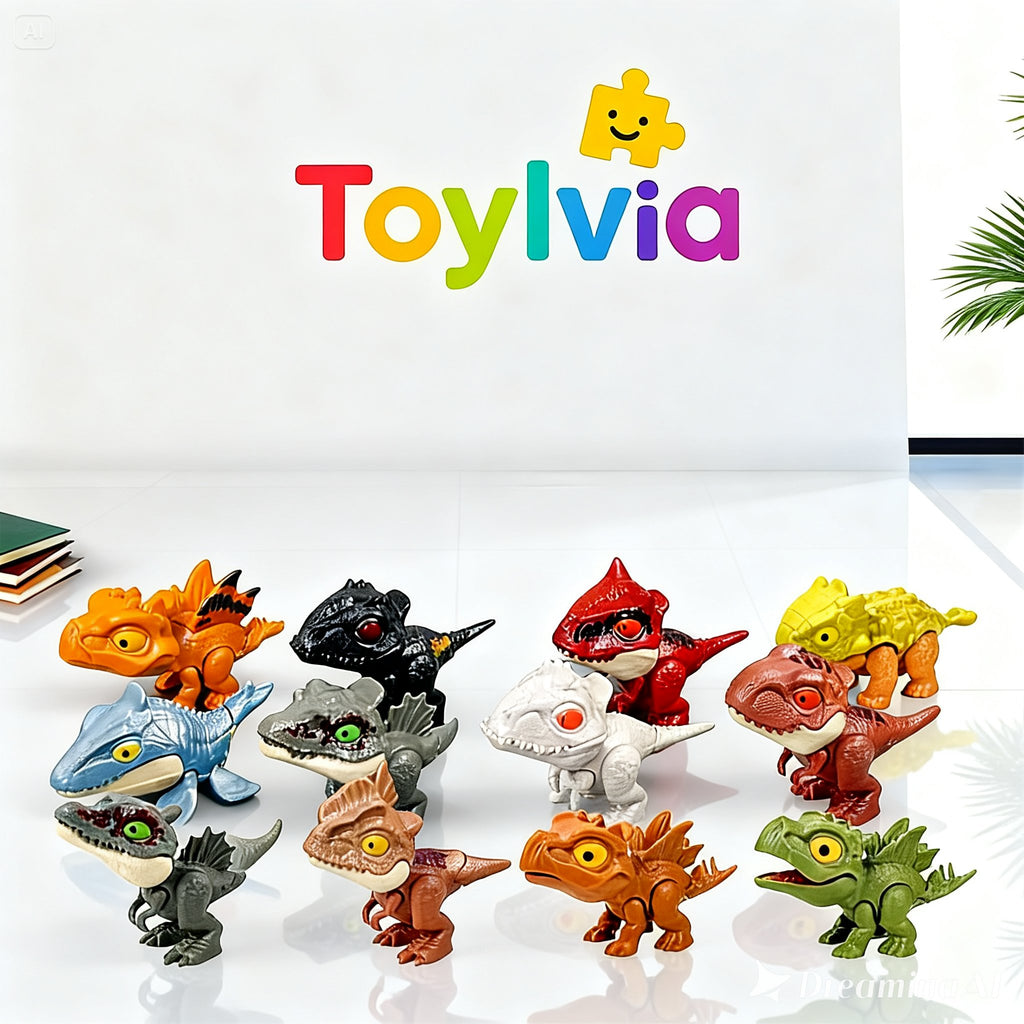 A group of 12 Toylvia finger dinosaur figures arranged on a white surface, ideal for interactive play or party bags.